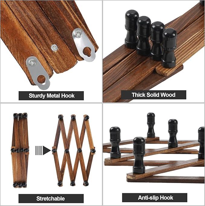 WGFKVAS 2 Pack Accordion Hat Rack for Wall - Expandable Coat Rack & Wall Mounted Hat Holder - Wooden Wall Hanger with 10 Peg 