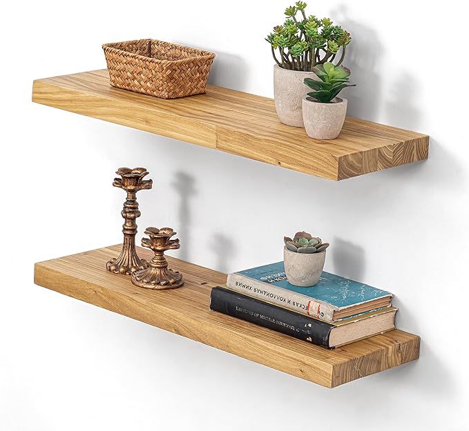 Dreamland 8inch Shelves for Wall 18"x8" Set of 2 - Flat Edge Rustic Solid Elm Wood Shelves with Invisible Brackets, Wall Moun