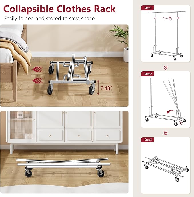 Tajsoon Heavy Duty Clothes Rack Foldable Garment Rack with Wheels and Extendable Rod, Freestanding Clothing Rack for Hanging 