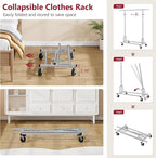 Tajsoon Heavy Duty Clothes Rack Foldable Garment Rack with Wheels and Extendable Rod, Freestanding Clothing Rack for Hanging 