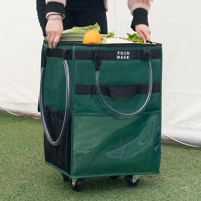 Reusable Grocery Bag On Wheels (Large, Green) Shopping Trolley with 8 Pockets and Zipper Cover Foldable Rolling Tote, Heavy Duty Handles, Carries Up to 66 LBS
