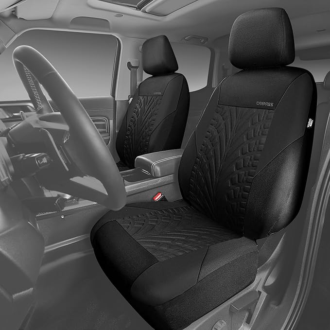 CAR PASS Car Seat Covers Full Sets, Front & Split Rear Bench for Car, 3D Tyre Embossed Automotive Interior Covers, Airbag Com