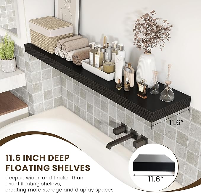 12 Inch Deep Floating Shelves | 55 Inch Black Floating Shelves | 55" W x 12" D Rustic Wood Shelves for Wall | Deep Black Shel