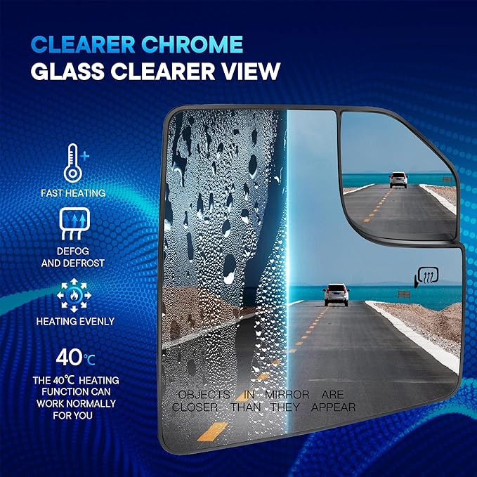 Compatible with Ford F150 Passenger Side Mirror Glass Replacement Power Heated Towing Mirrors - Right Side View Mirror Glass with Blind Spot, Backing Plate, FL3Z17K707B, 2015-2021