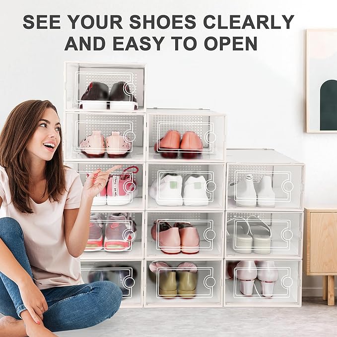 Kuject Large Shoe Organizers Storage Boxes for Closet, 12 Pack Clear Plastic Stackable Storage Bins with Lids, Under Bed Shoe