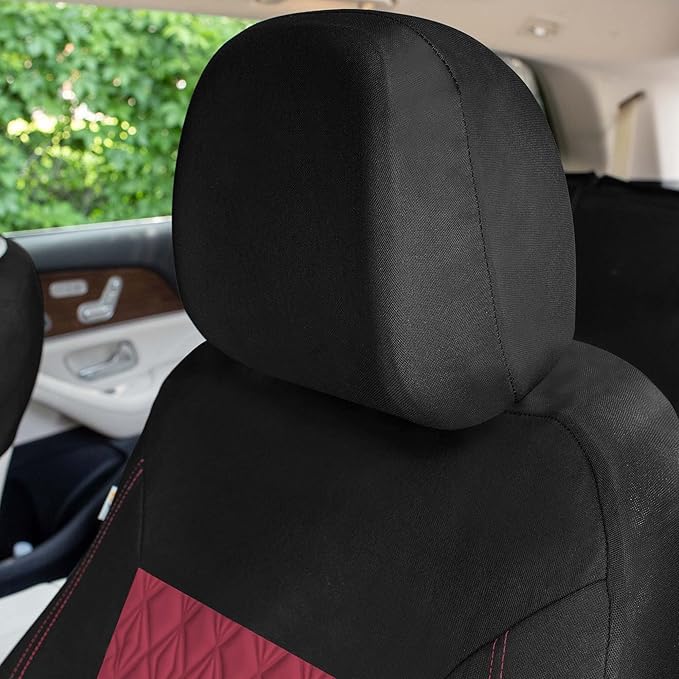 Universal Fit Diamond Stitched Flat Cloth Car Seat Covers Full Set - Burgundy