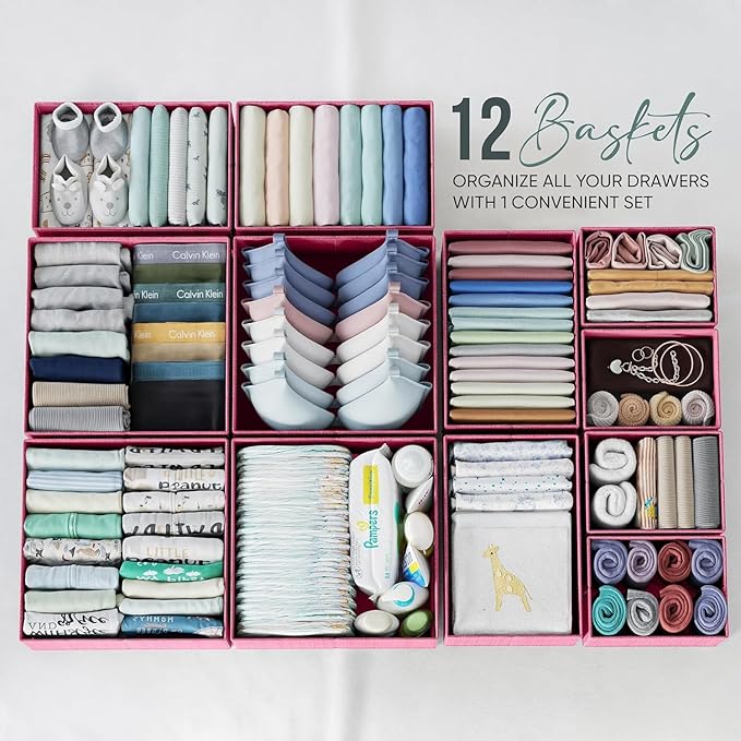 Drawer Organizer Clothes Set of 12 Pink - Dresser Organizer For Nursery, Bedroom, Closet - Perfect Baby Clothes Organizer and
