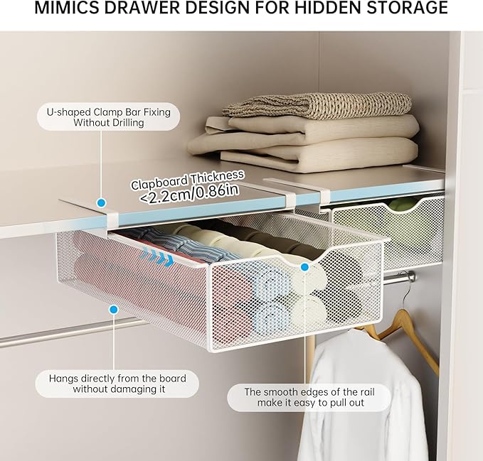 2 Pack Closet Pull-Out Baskets Bra Underwear and Sock Organizer for Drawer Women College Dorm Room Essentials (White)