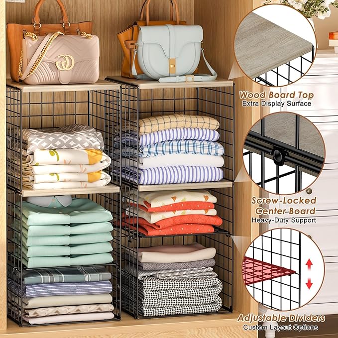 2 Pack Closet Organizer System, Extra Tall & Large Capacity Closet Shelves with Adjustable Dividers, 3-Tier Stackable Storage