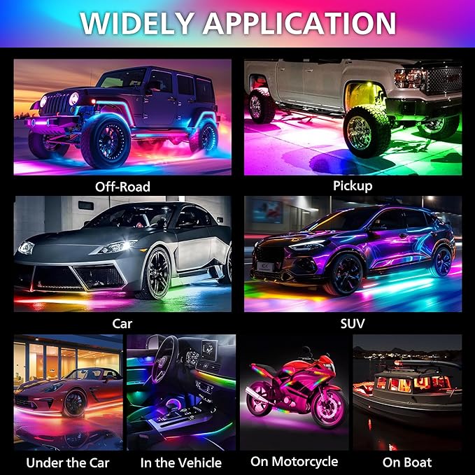 Underglow LED Lights for Cars 180 LEDs RGBI Neon Accent Strip Lights with 16 Million Colors DIY & Music Mode Underbody Exterior Lights Kit for RV SUV Truck Boat 12V