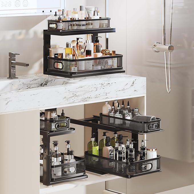 2 Pack 18.5IN-Depth Under Sink Organizer With Next-Gen Ball-Bearing Slides,2-Tier Precision Mesh Pull Out Cabinet Storage for