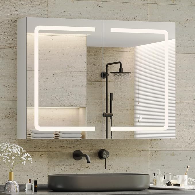 DICTAC Medicine Cabinet with Mirrors and Storage 31.5''x23.6'' Wall Mounted Bathroom Mirror Cabinets with Led Lights Double D