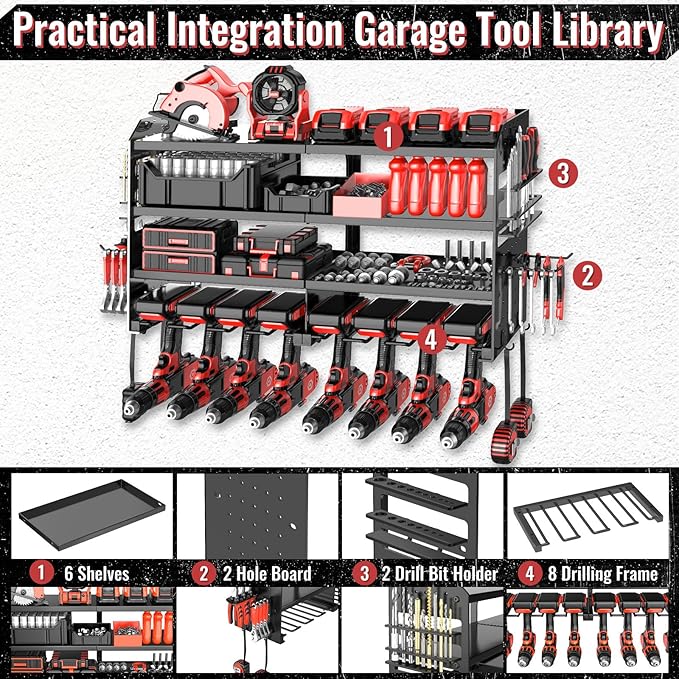 Power Tool Organizer Wall Mount, Metal 4 Layer Heavy Duty Metal Power Tool Storage Rack, Garage Drills Storage Shelves with S
