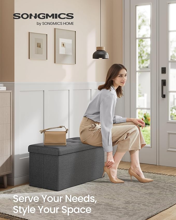 SONGMICS MAZIE Collection - 30 Inches Folding Storage Ottoman Bench, Ottoman Foot Rest, End of Bed Bench, Storage Chest, Load