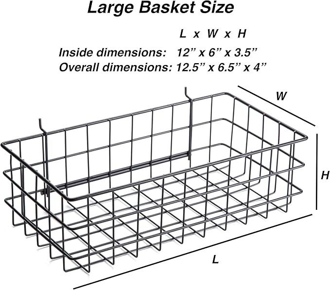 Pegboard Basket Size L, Black - Hooks to Any Peg Board - Square Style Wire Shelf Baskets - Organize Tools, Workbench, Accesso