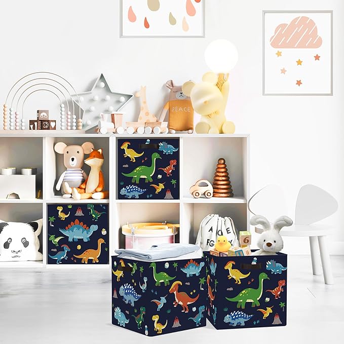 Clastyle 3 pcs Dinosaur Cube Storage Unit Bin with Metal Frame Volcano Kallax Box for Shelves Parents Closet Organizer Basket