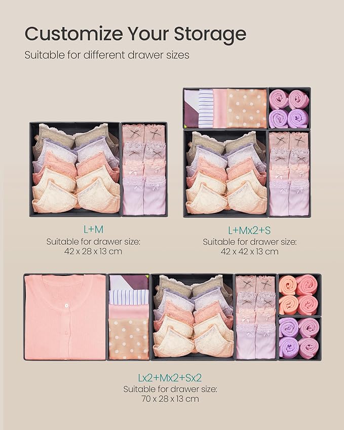 SONGMICS Drawer Organizer, Dresser Drawer Organizers, Set of 12, Foldable Fabric Storage Bins for Socks, Underwear, Bras, Tie