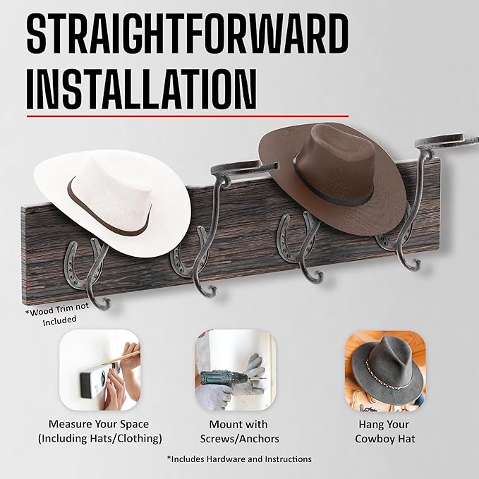 Cowboy Hat Rack - Set of 2 Decorative Wall-Mounted Holder - Heavy-Duty Iron Hanger and Organizer DIY Kit for Hats, Coats and 
