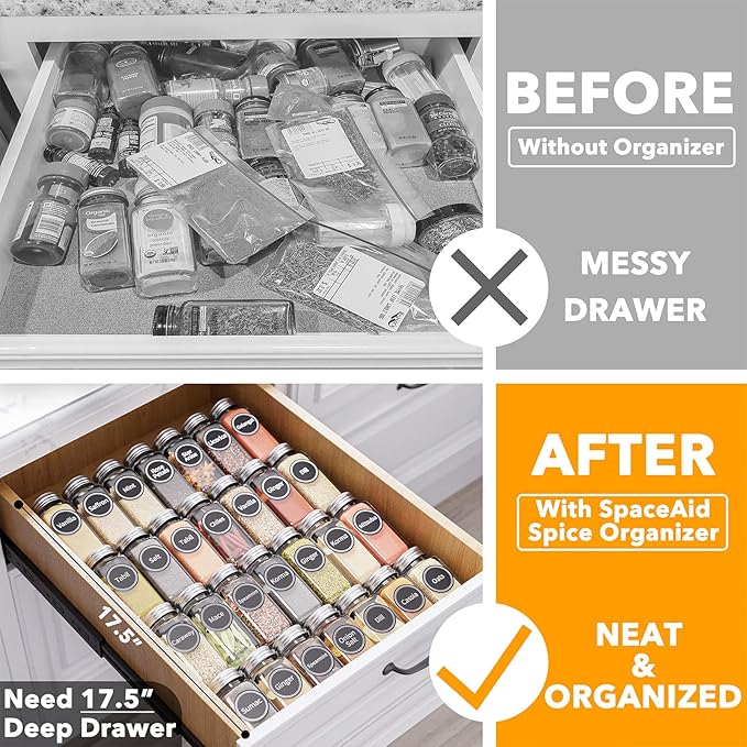 SpaceAid Bamboo Drawer Dividers with Inserts and Labels, 4 Dividers with 9 Inserts (17-22 in), Spice Drawer Organizer with 28