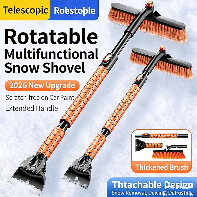 39" Extendable Snow Brush with Ice Scraper & Squeegee for Car Windshield,Rotating Auto Snow Brush with Foam Grip,Heavy Duty Car Snow Brush and Ice Scraper Combo for Truck SUV,Orange
