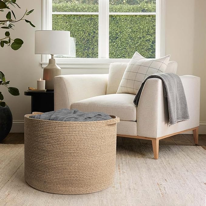MEGASKET 115L Wicker Storage Basket, 23.6"x15.7" Woven Cotton Rope Basket, Giant Kids Dog Toy Bin Organizer, XXXL Blanket Pil