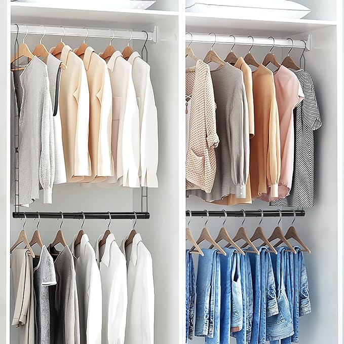 STORAGE MANIAC Hanging Closet Rod, Adjustable Width and Height Closet Hanging Organizer, Space-Saving Clothes Hanging Bar, Cl