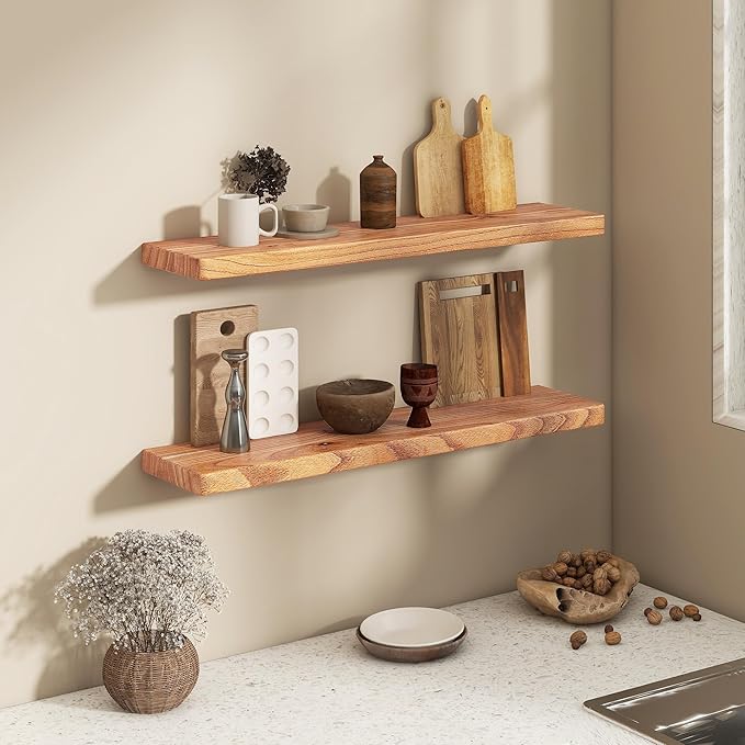 Fun Memories 36 Inch Floating Shelves, Rustic Solid Wood Wall Shelves Set of 2, 8 Inch Deep Floating Shelf for Bathroom, Bedr