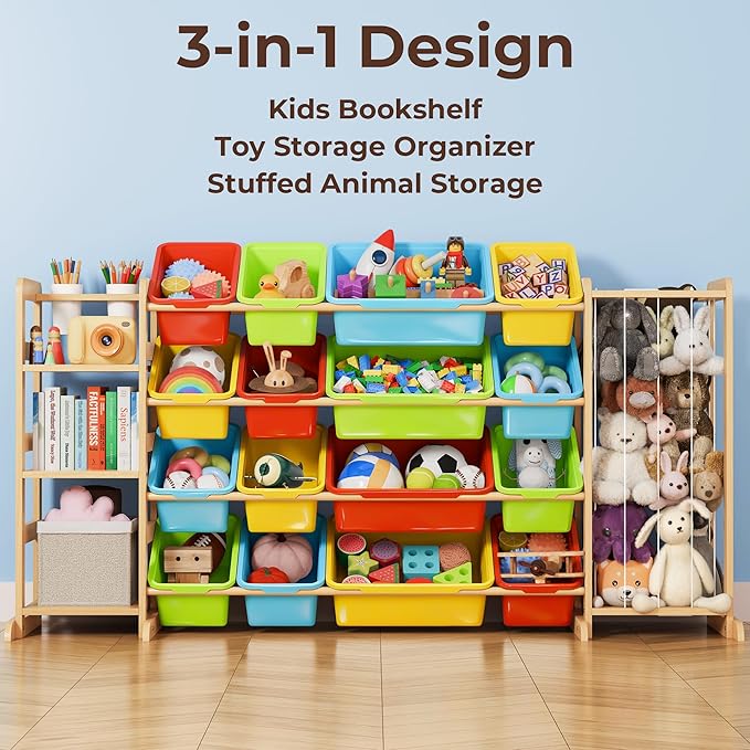 Storage Organizer with Bookshelf and Stuffed Animal Storage - Playroom Organization with Shelves and 12 Bins - Living Room Bo