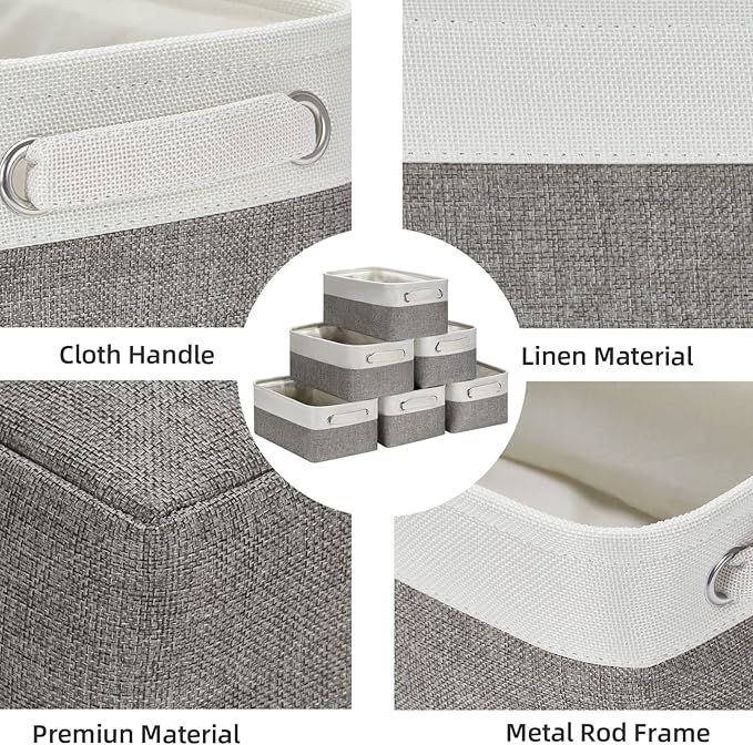 HNZIGE Small Organizer Bins for Shelf,Small Fabric Collapsible Baskets for Organizing Nursery Linen Canvas,Set of 6 Decorativ