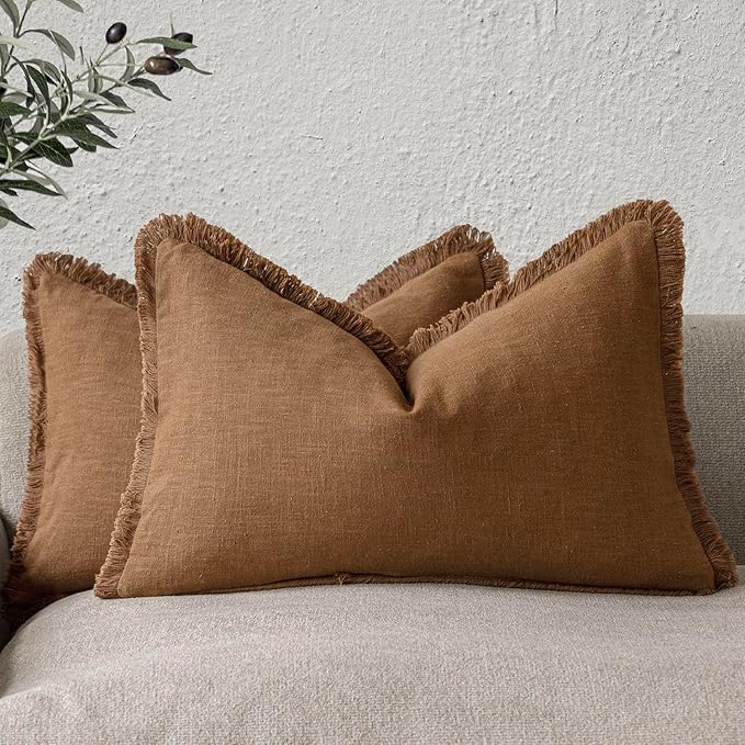 Foindtower Set of 2 Decorative Linen Fringe Throw Pillow Covers Cozy Farmhouse Cushion Cover with Tassels Lumbar Accent Pillo
