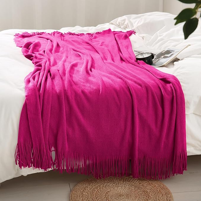 Homiest Decorative Knitted Throw with Fringe, Lightweight Acrylic Knit Blanket, Soft & Cozy Tassel for Couch Sofa Bed (Dark P