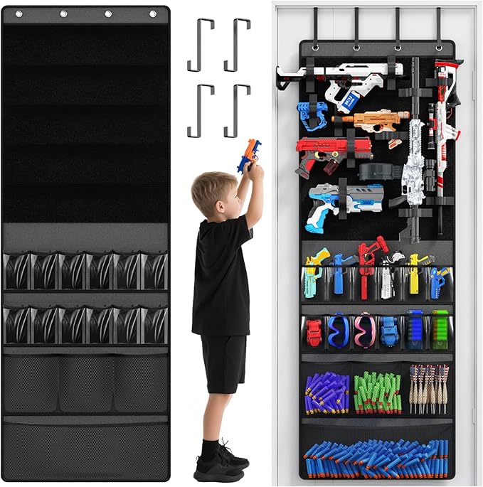 Mefirt Over The Door Organizer for Toy Guns, Toys Storage Door Hanger with Pockets and Slots for Kids Foam Blasters, Darts, G