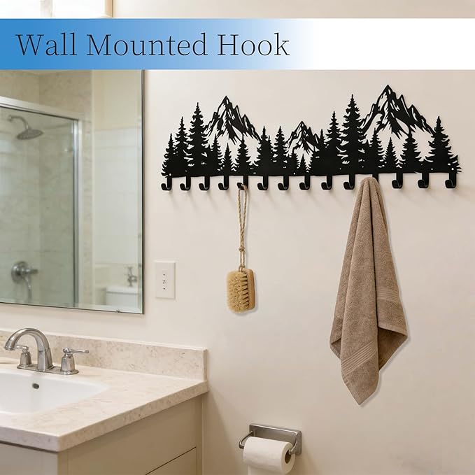 Large Black Mountain Wall Decor Coat Rack with 14 Hooks, Decorative Forest Wall Hanger for Cabin Entryway Front Door Bathroom