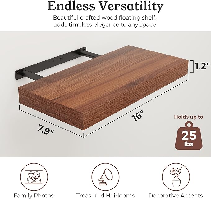 Floating Shelves for Wall, 7.9" Deep Wall Mounted Wood Shelves for Bathroom, Bedroom, Living Room, Kitchen, Hanging Shelf for