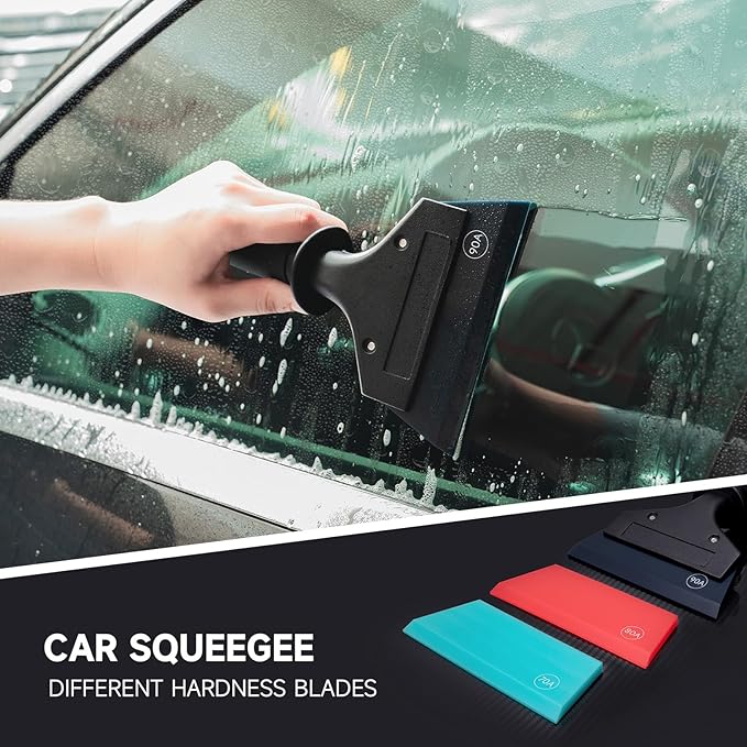 FOSHIO Small Squeegee for Window & Shower Glass Doors, Heavy Duty Metal Handle with 3 Rubber Blades & Car Windshield Ice Scrapers