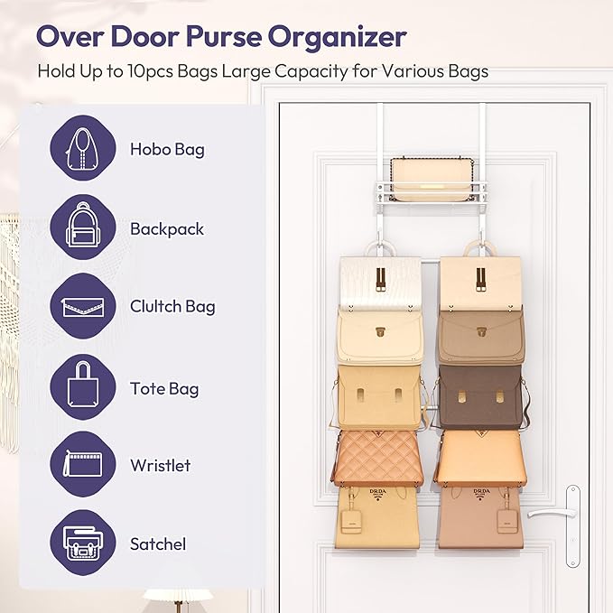 SWTYMIKI Over The Door Purse Organizer - Wall Mounted Handbag Organizer with 10 Hooks and Metal Basket, Hanging Purse Storage
