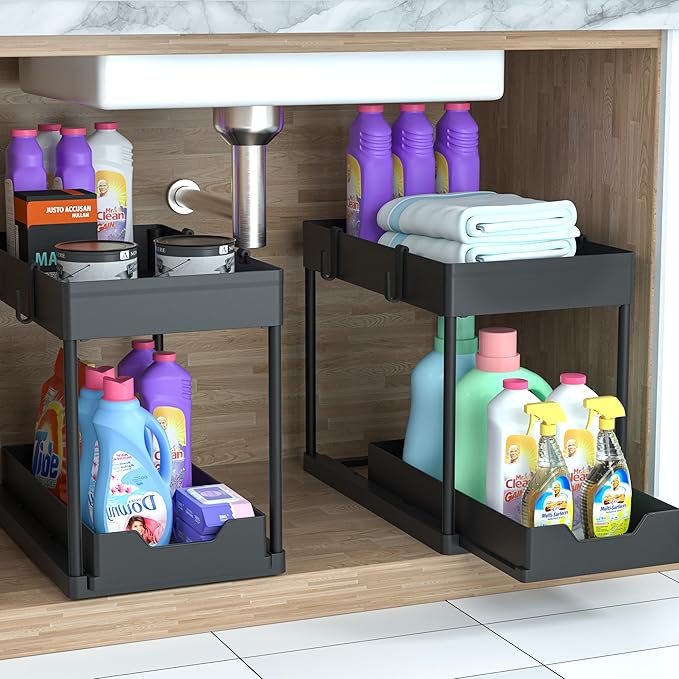 DEKAVA Under Sink Organizer 2 Pack, Bathroom Cabinet Organizer, 2 Tier Sliding Cabinet Basket Organizer Drawer, Multi-Purpose