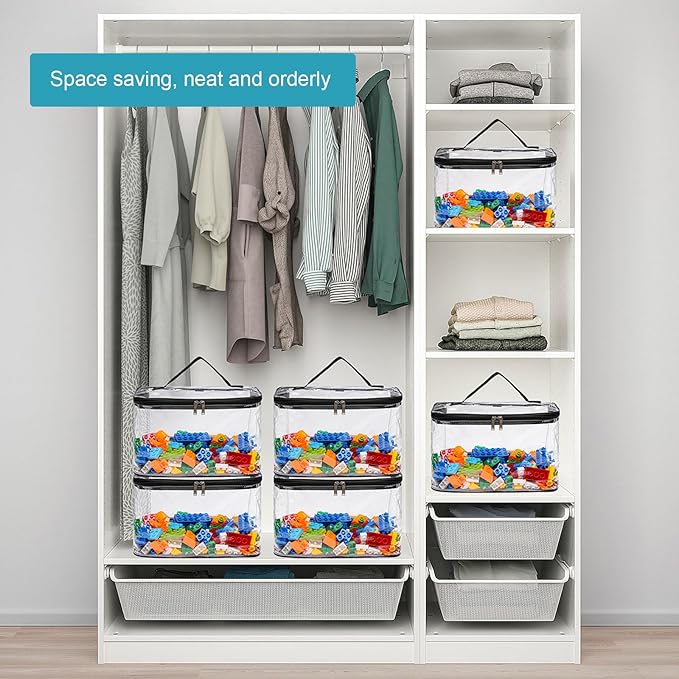 6 Pack Large Clear Storage Bags for Toys with Name Tag, Waterproof Duty PVC Toy Organizer Bag for Building Blocks, Board Game