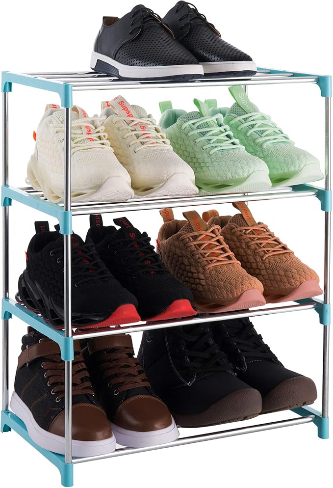 4-Tier Stackable Small Shoe Rack, Lightweight Shoe Shelf Storage Organizer for Entryway, Hallway and Closet (Blue)