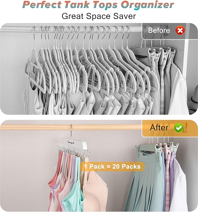 Gomyrod Bra Hanger for Closet, 2 Pack Tank Top Hanger w/20 Hooks Capacity Foldable Wood Space Saving Hangers, 360°Rotating Cl