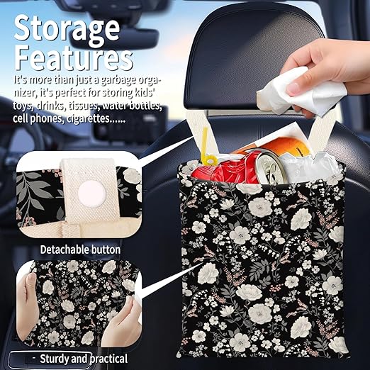 Hanging Car Garbage Bag, Cute Car Trash Can Bag, Automotive Accessories for Women Men Black White Peony Flowers