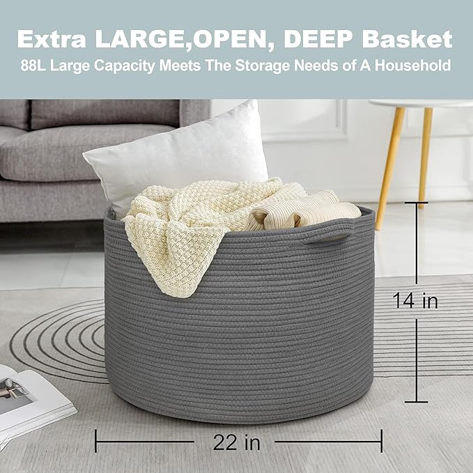MEGASKET Large Dark Grey Storage Basket, Woven Cotton Rope Baskets for Storage, Big Blanket Organizer Storage Basket for Livi