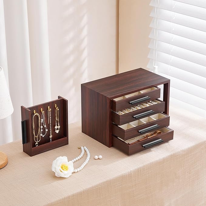 HOOBRO Jewelry Box for Women, Wooden Jewelry Organizer with Transparent Window, 4-Layer Jewelry Organizer Box, Jewelry Holder