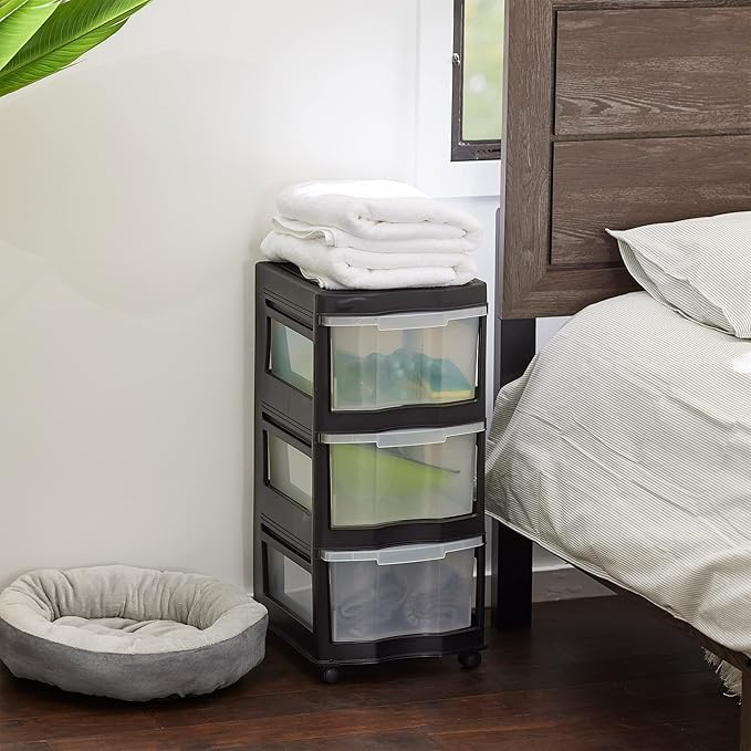 Life Story Classic 3 Tier Shelf Standing Plastic Storage Drawers and Organizer with Wheels for Home, Dorm, or Office Use, Bla