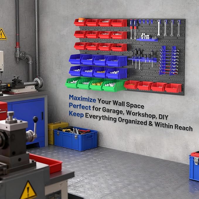 WORKPRO Pegboard Organizer Wall Mounted, 44PC Tool Storage Rack with Bins and Hooks, Peg Board Wall Organizer for Garage Orga