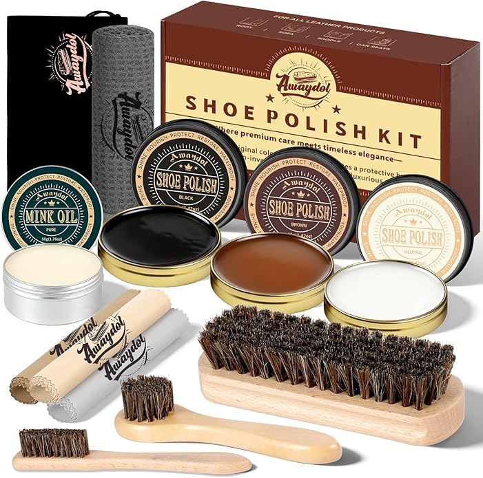10 PCS Shoe Polish Kit - Horsehair Brushes, Black Brown Neutral Polish,Mink Oil Conditioner for Shoes,Polishing Cloth, Leathe