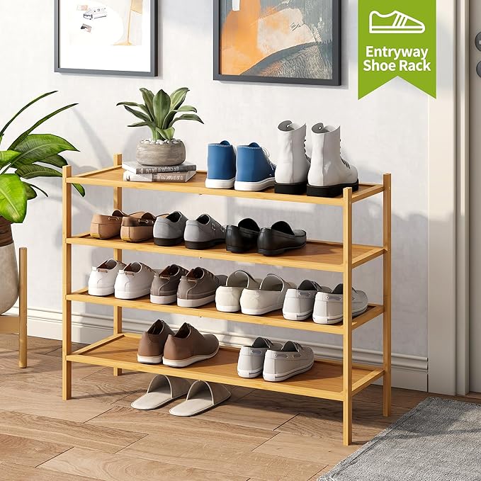 BMOSU 4-Tier Bamboo Extended Shoe Rack Premium Stackable Shoe Shelf Storage Organizer for Hallway Closet Living Room Entryway