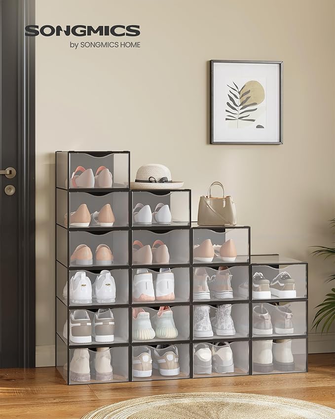 SONGMICS Shoe Boxes, Shoe Storage Organizers Rack for Closet, Plastic Stackable Sneaker Containers Case, 18 Pack, Transparent