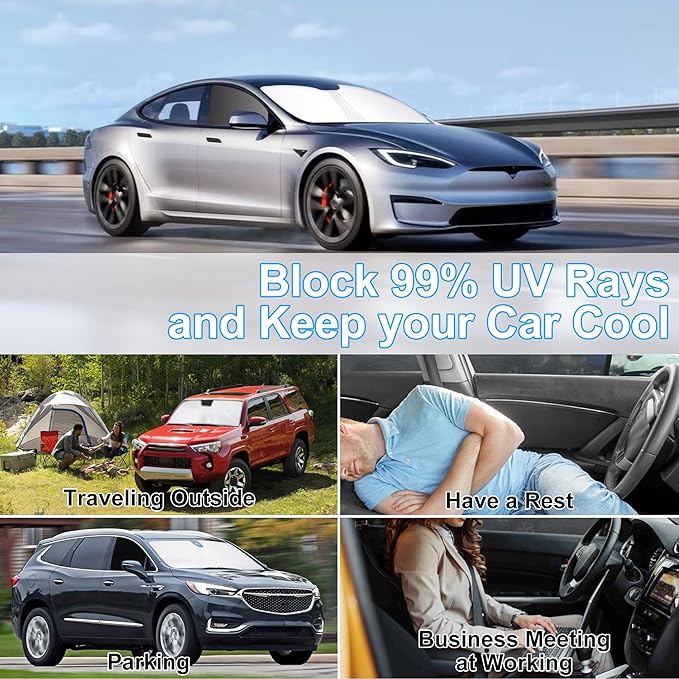 3PCS Car Window Shades Front Windshield Sun Shade Foldable Window Shade Custom Fit for 2012-2024 Tesla Model S Accessories Car Shades for Front Windows Anti-UV Rays Block Heat