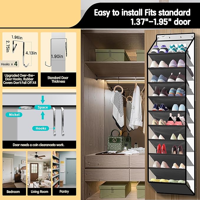 Kotkn 10 Tier Hanging Shoe Rack - Heavy Duty Behind The Door Hanging Shoe Rack, Sturdy Oxford Cloth, 20+ Pairs Over The Door 